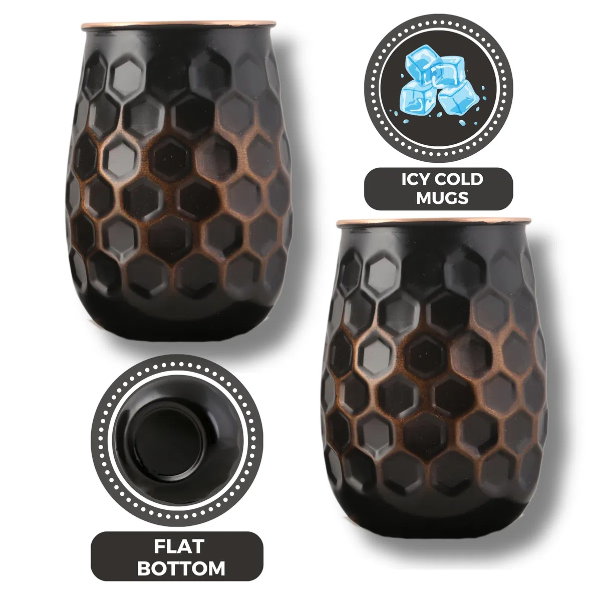 STAGLIFE - Set di 2 tazze in rame puro a nido d'ape per acqua potabile, tazze da bere, bicchieri, bicchiere alto nero solido Moscow Mule senza manico, spazzolato/grande, non foderato