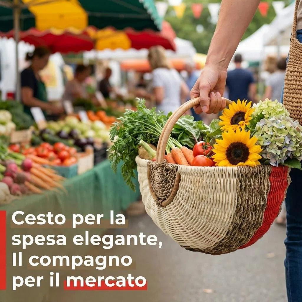 Grande Cesto per la Spesa in Rattan e Alghe – Cesto da Picnic Intrecciato a Mano con Manico – 48x33x24 cm – Robusto Cesto da Mercato e Auto – Design Vintage – Rosso