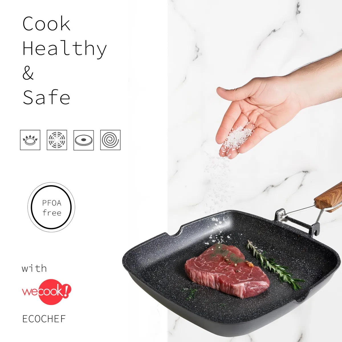 WECOOK! Ecochef Titanio Bistecchiera Liscia, Induzione, 24x24cm, Antiaderente QUANTANIUM Ecologico senza PFOA, Alluminio Fuso, 5mm di Spessore, Manico in Legno Pieghevole, Vitroceramica, Gas