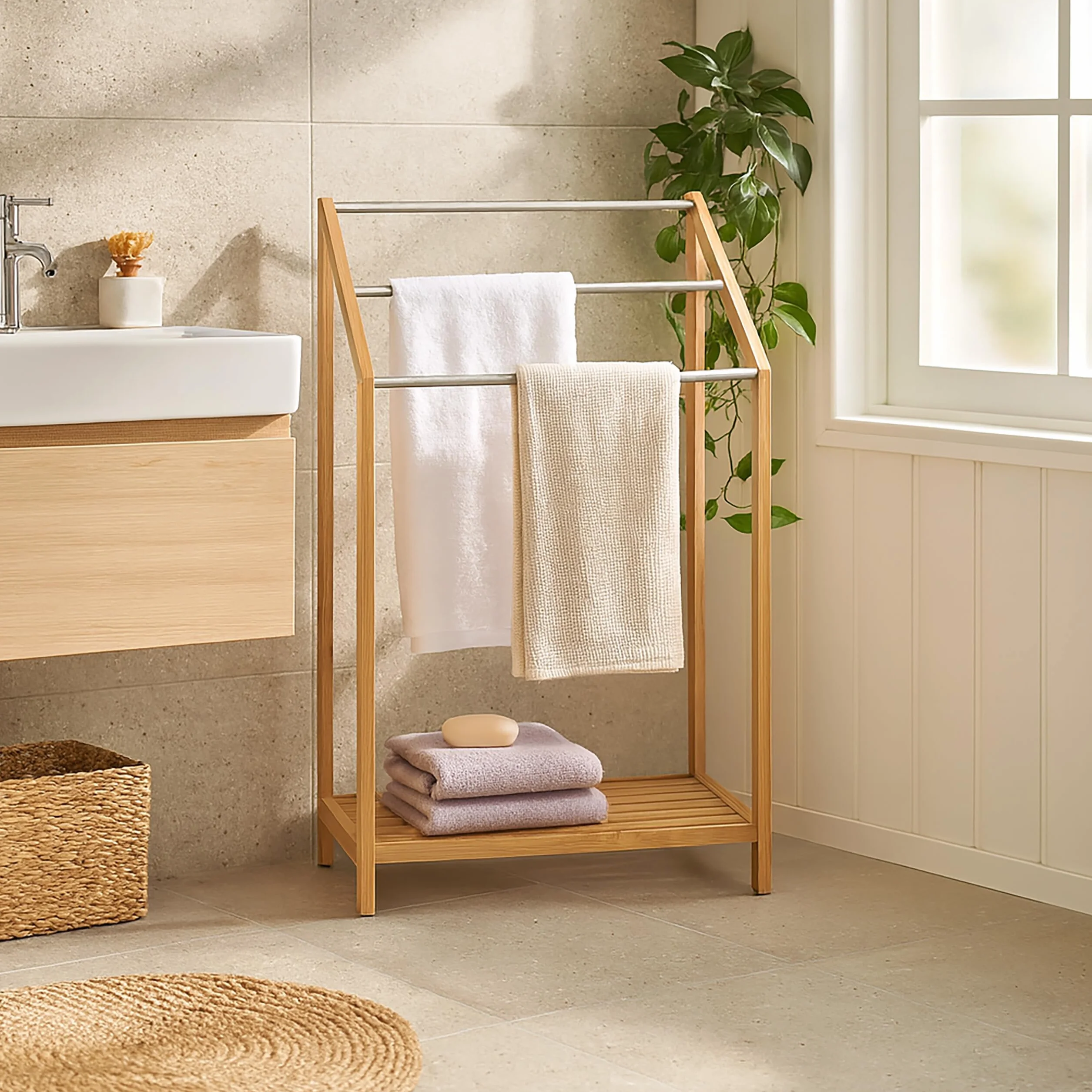 Relaxdays Porta Asciugamani in Bambù, con 3 Aste, Stand da Terra per Bagno, Moderno, HLP 85 x 51 x 31 cm, Legno Naturale