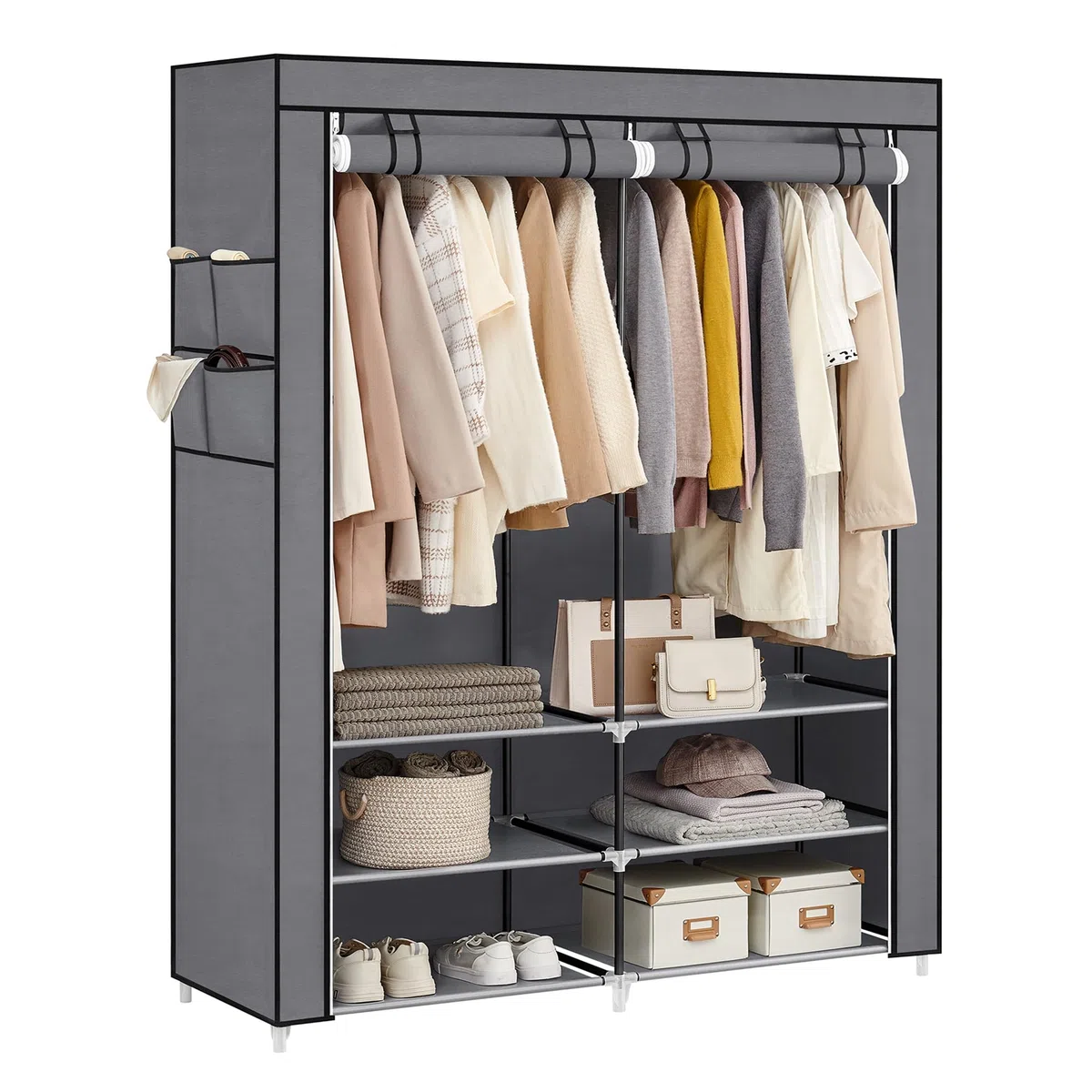 SONGMICS Armadio in Tessuto, Armadio Portatile, 45 x 127 x 176 cm, 2 Barre Appendiabiti, Ripiani, e 4 Tasche Laterali, Grande Capacitàper Camera da Letto, Soggiorno, Grigio RYG008G02
