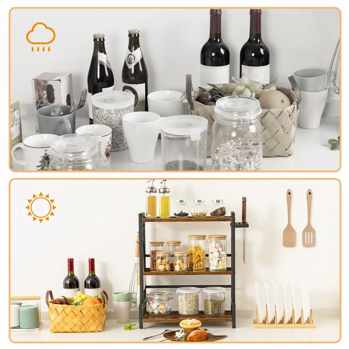 HOOBRO Scaffale Portaspezie, Organizer da Cucina con 3 Ganci, Scaffale per Condimenti 3 Ripiani, con Porta Coltello, Piedini Regolabili, Stile Industriale, per Sala da Pranzo, Cucina EBF01TL01