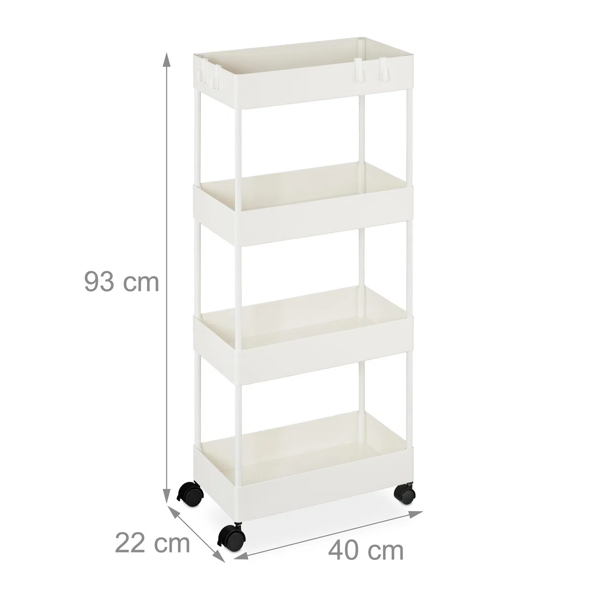 Relaxdays Carrello da Cucina Ruote, 4 Ripiani, Carrellino Portaoggetti per Bagno, Cibo o Detersivi, 93x40x22 cm, Bianco
