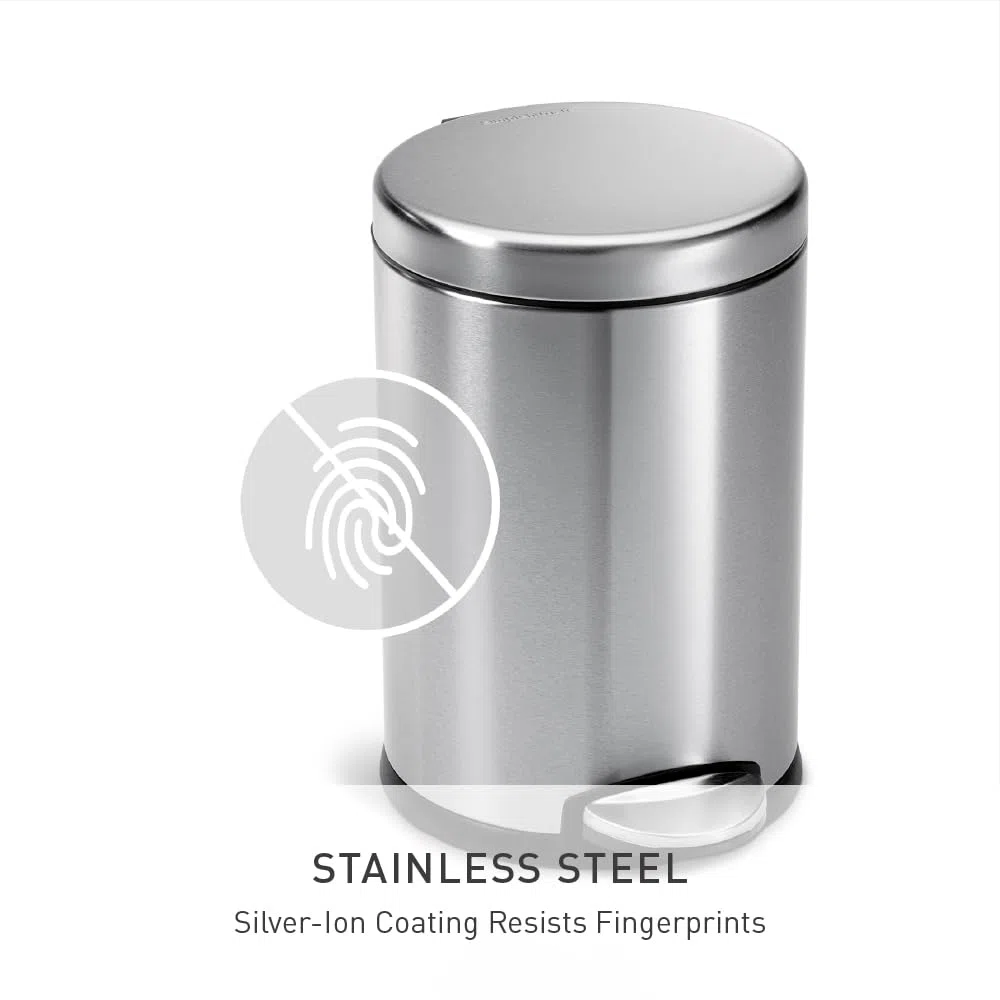 simplehuman CW1852CB cestino rotondo con pedale, pattumiera piccola per bagno, acciaio inox spazzolato, 4,5 L