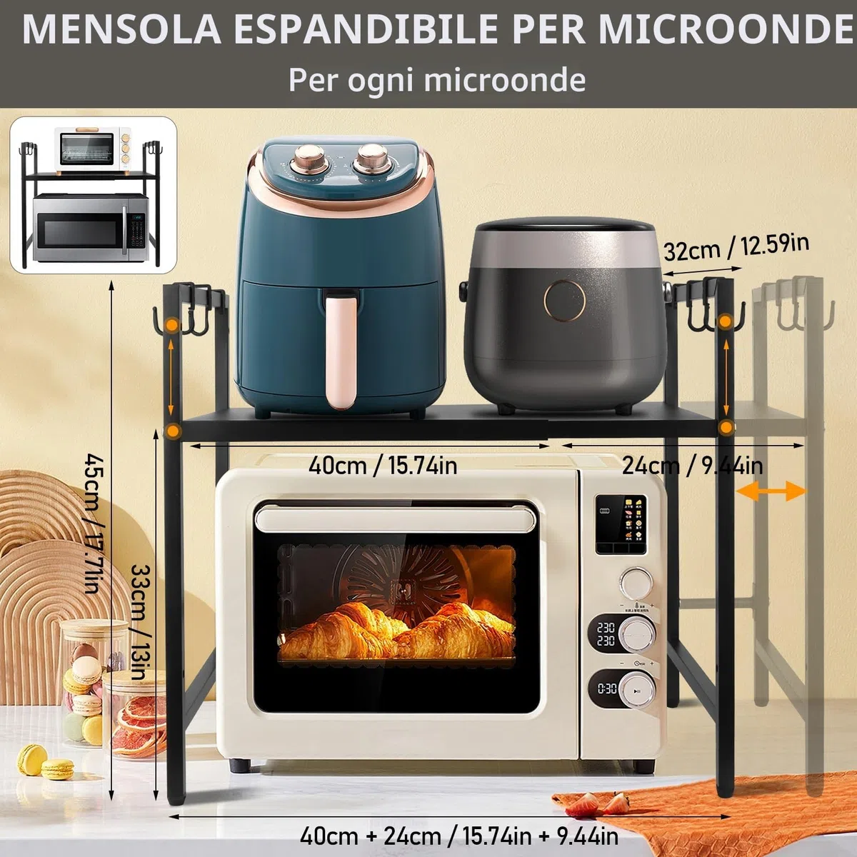 MXTIMWAN Supporto per Microonde Allungabile 2 Livelli, Cucina Counter Ripiano Microonde con 6 Ganci, Mensola Cucina per Mettere Piatti e Ciotole, 40-64cm, Nero