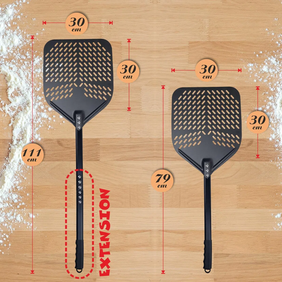 Pala per Pizza doppia misura 79-110 Cm. Pala in Alluminio, Pala pizza forata - Nuova foratura Professionale per infornare pizza pane e focaccia Orso Chef