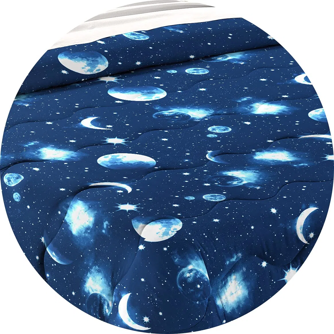 Trapuntino Copriletto Trapuntato Primaverile Estivo 100 gr/mq Quilt Leggero Letto Due Piazze Matrimoniale 260x260 cm Fantasia Pianeti Stelle Luna Made in Italy Disegno Universo Stellato Blu Notte
