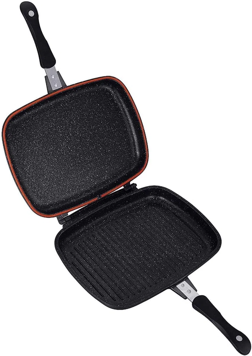fashion home Pagano Bavaria Doppia Padella Griglia in Pietra Lavica Antiaderente, Piastra Apribile per Cottura Sopra e Sotto, Ideale per Carne, Pesce e Verdure, 32 cm