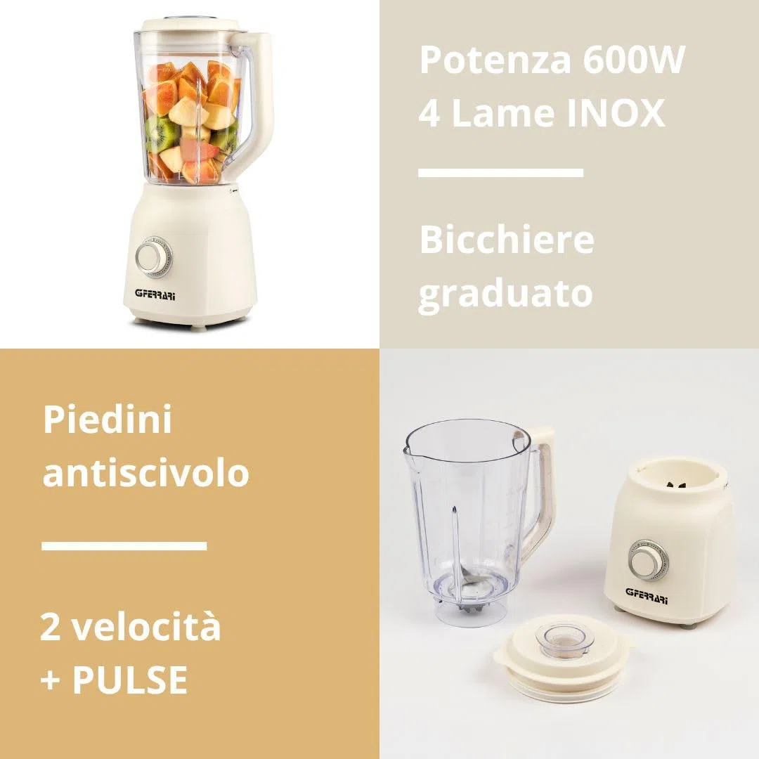 G3 Ferrari G20162 Tuttofrutta Frullatore, 600W, Capacità 1.5 Litri, Bicchiere graduato, 4 Lame, 2 Velocità, Bianco