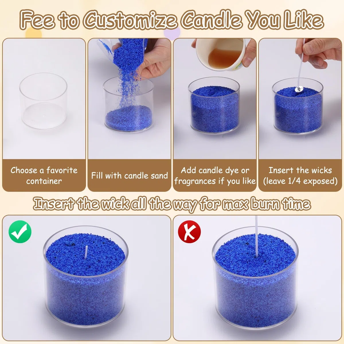 QUARKZMAN Perle Di Sabbia Candele Con 50 Stoppini 21Oz / 600g Kit Di Sabbia Cera Rifornibile Per Realizzare Candele Per Ringraziamento Natale Matrimoni Fai Da Te Decorazioni Casa, Blu