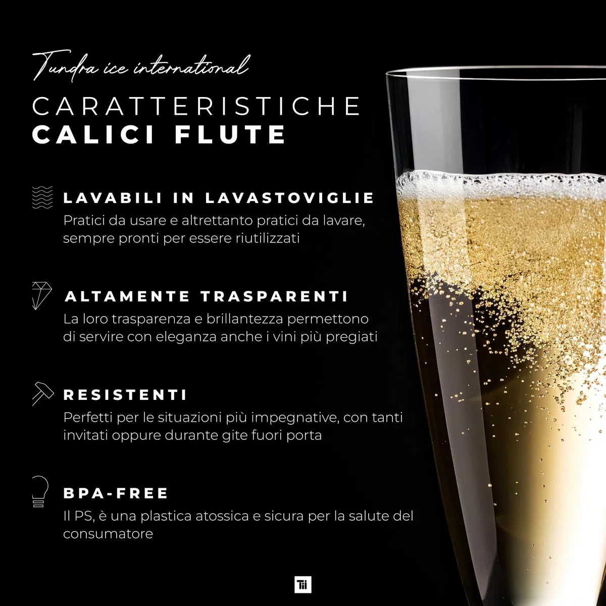 TUNDRA - Set 60 FLUTE PLASTICA da Champagne 100 ml. "USA & RI-USA" BPA-Free - Calici Plastica Riutilizzabili, Resistenti, Trasparenti, Riciclabili - Flute Plastica per Feste, Matrimoni