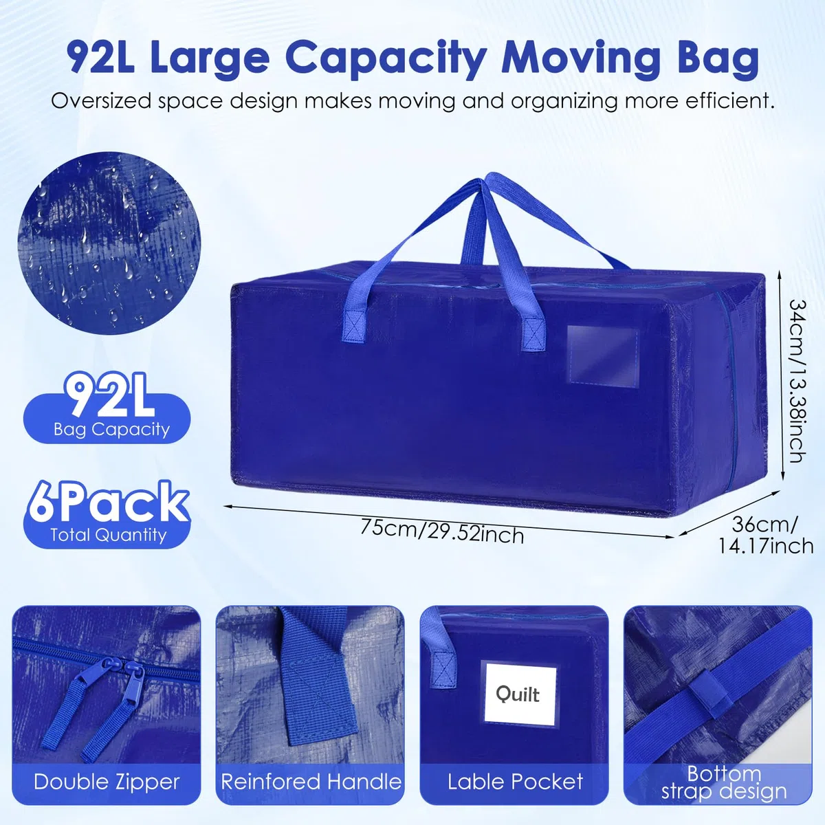Set da 6 Borse da trasloco extra large,Scatole trasloco con cinghie per zaino, zip e manici resistenti, Borsa Portaoggetti Grande in Poliestere, impermeabili Borsa di stoccaggi per piumoni, vestiti