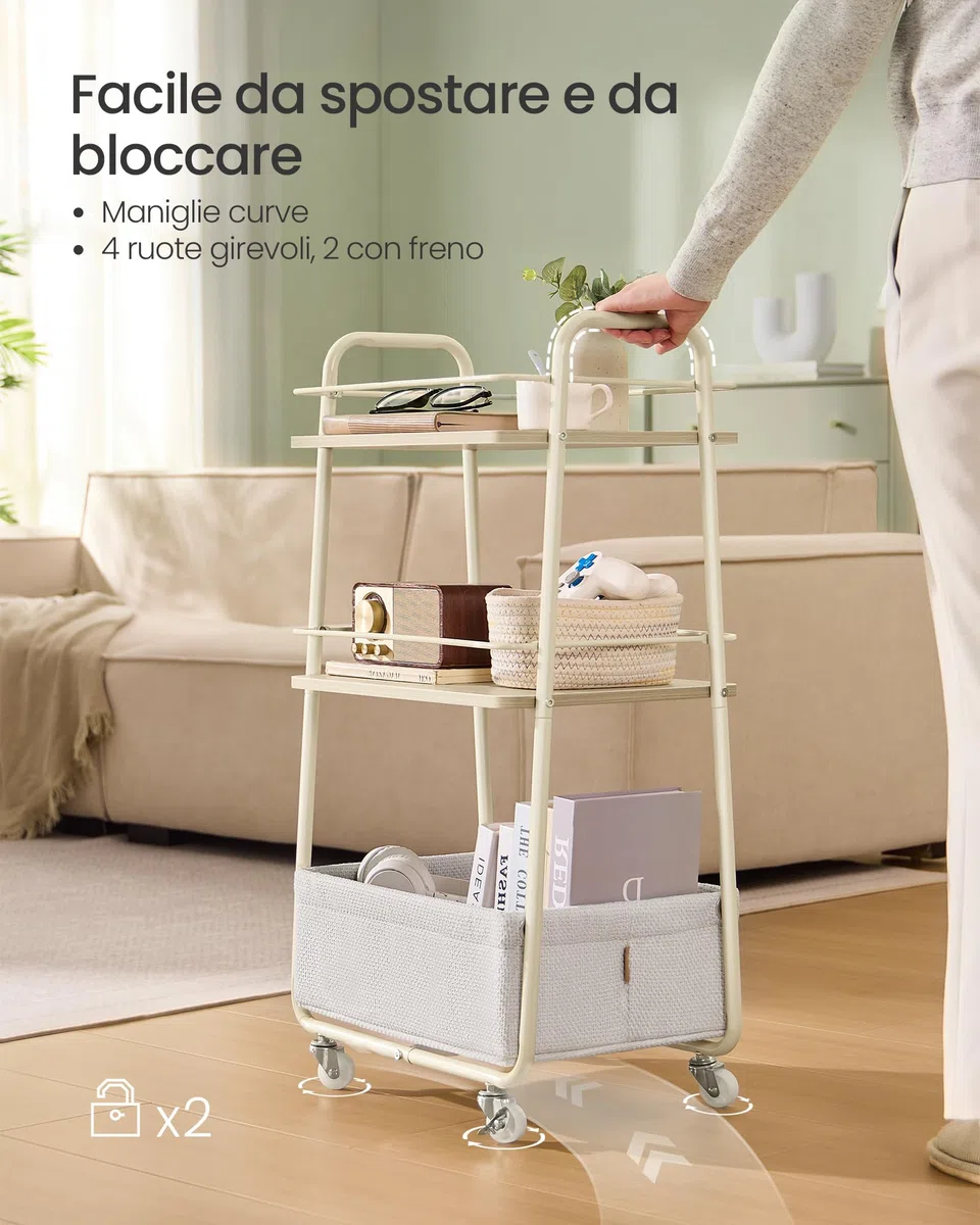 VASAGLE LILEA Collezione - Carrello Portaoggetti con Cesto in Tessuto, Carrello a 3 Ripiani con Ruote, Carrellino per Soggiorno Camera da Letto Cucina, Beige Naturale e Bianco Crema LRC001LL02