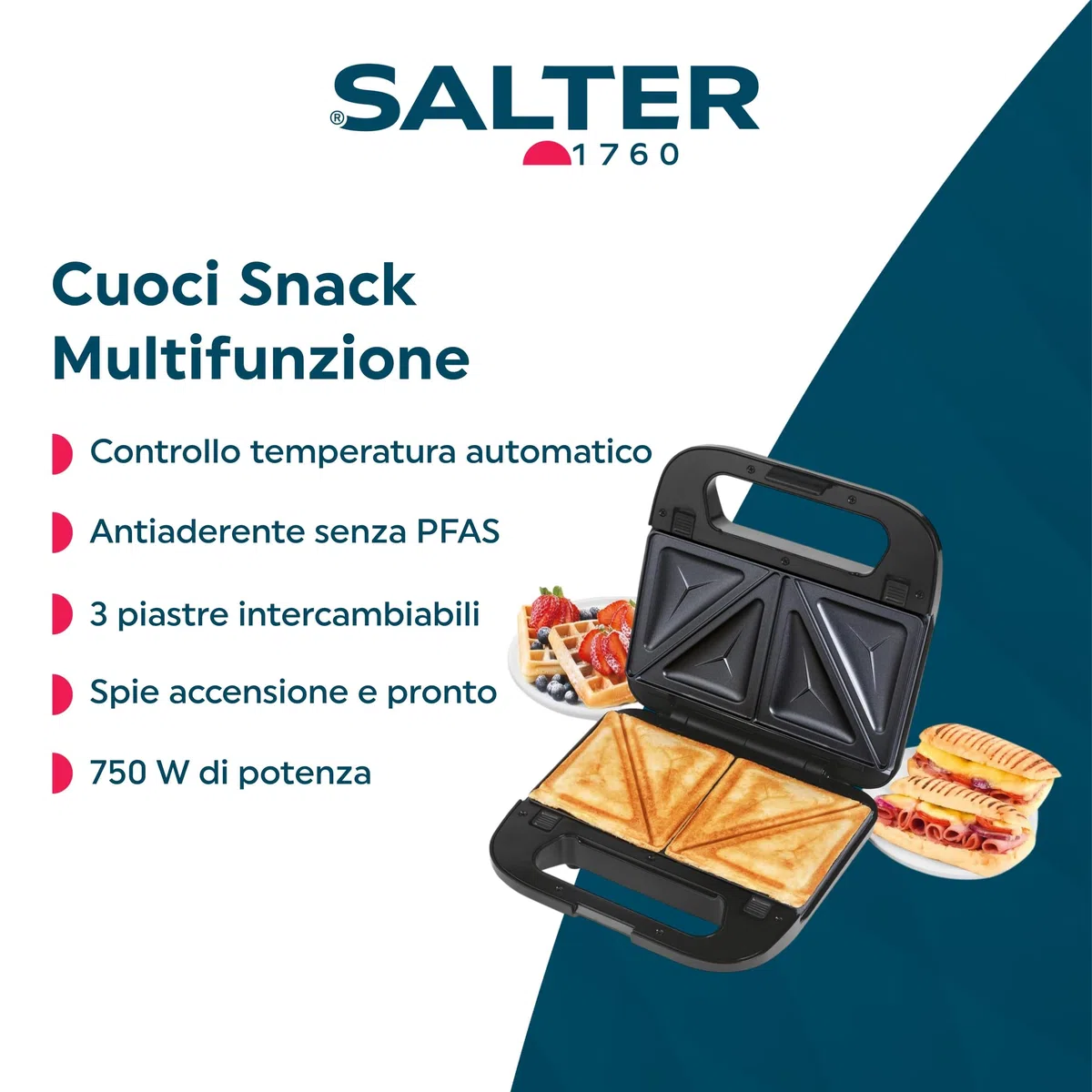 Salter 3-in-1 Snack Maker - Toast, Waffle, Panini, Piastre Antiaderenti Amovibili Senza PFAS, Controllo Automatico della Temperatura, Spie di Alimentazione/Pronto, 750 W