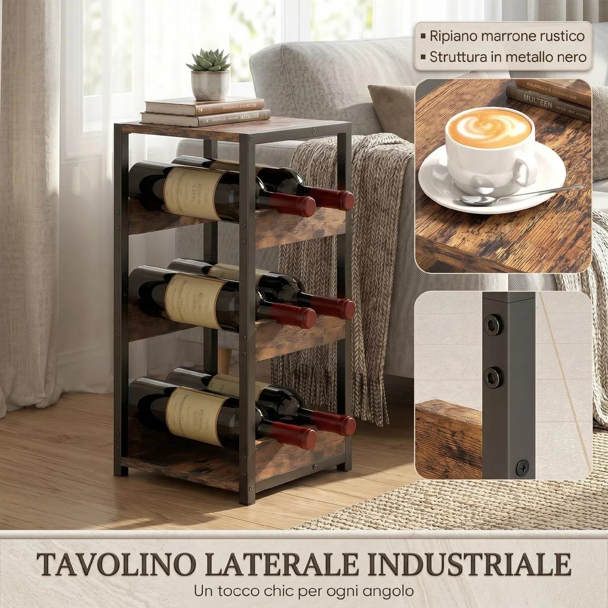 HOMCOM Portabottiglie Vino per 6 Bottiglie con Scaffali Ondulati, Porta Bottiglie di Vino Design Industriale, Piedini Regolabili per Cucina Soggiorno, Marrone Rustico