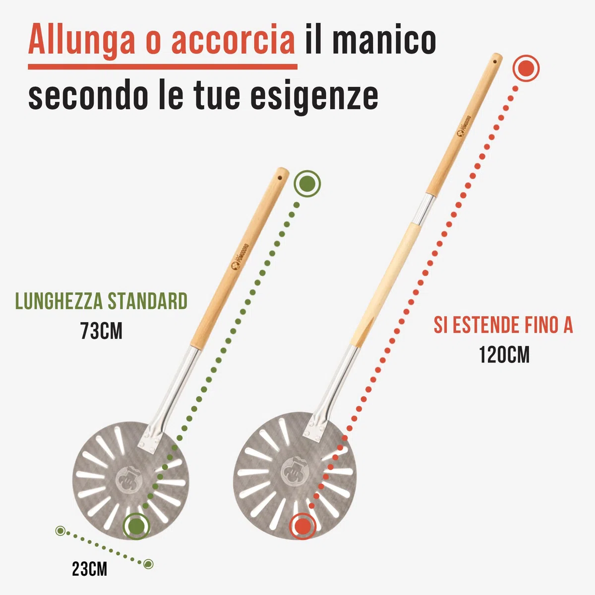 Chef Pomodoro Palino Pizza da 22,8cm con Manico Allungabile da 73 a 120cm, Palino per Girare la Pizza con Manico in Alluminio, Pala per Pizza Forata per Girare la Pizza e il Pane Fatti in Casa