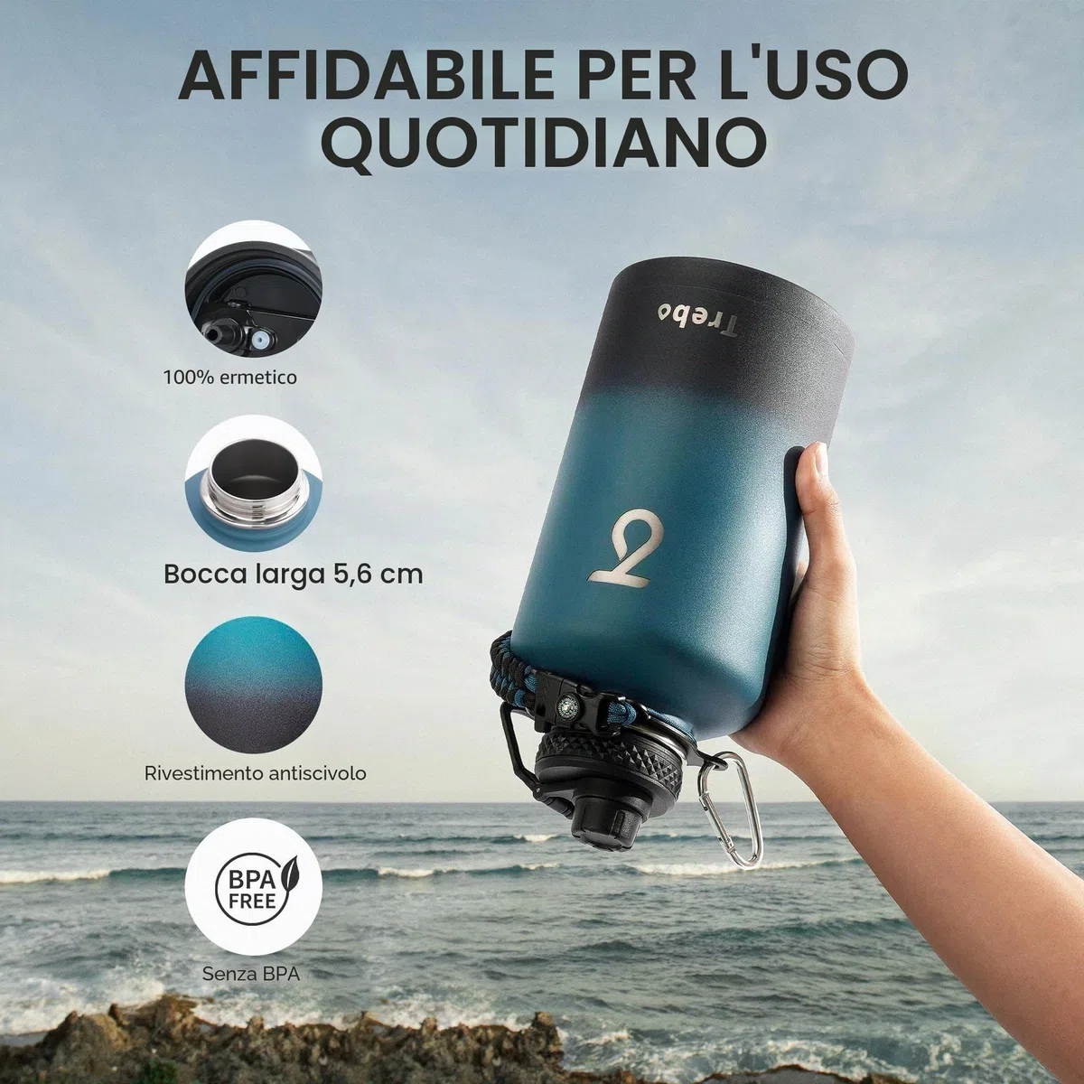 Trebo Borraccia Termica, Borraccia con Cannuccia Borraccia acciaio inox fredda per 48 ore Borraccia Termica Bottiglia in Metallo con Manico in Paracord, 1893 ml, Indigo/Nero