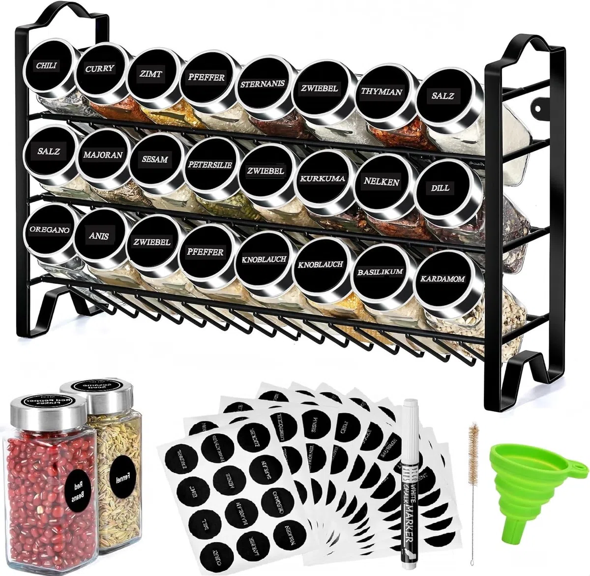 edihome, Porta Spezie per Cucina, 24 Barattoli di Spezie, Organizer con Struttura in Metallo a 3 Livelli, con Etichette, con Coperchi e Dispenser Individuali (Modello 2)
