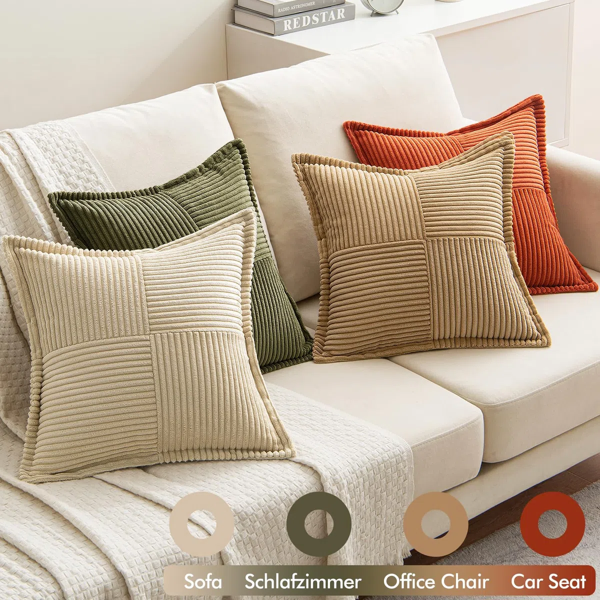 EMEMA Set di 4 federe decorative in velluto a coste, per soggiorno, camera da letto, serie marrone-verde, 45 x 45 cm