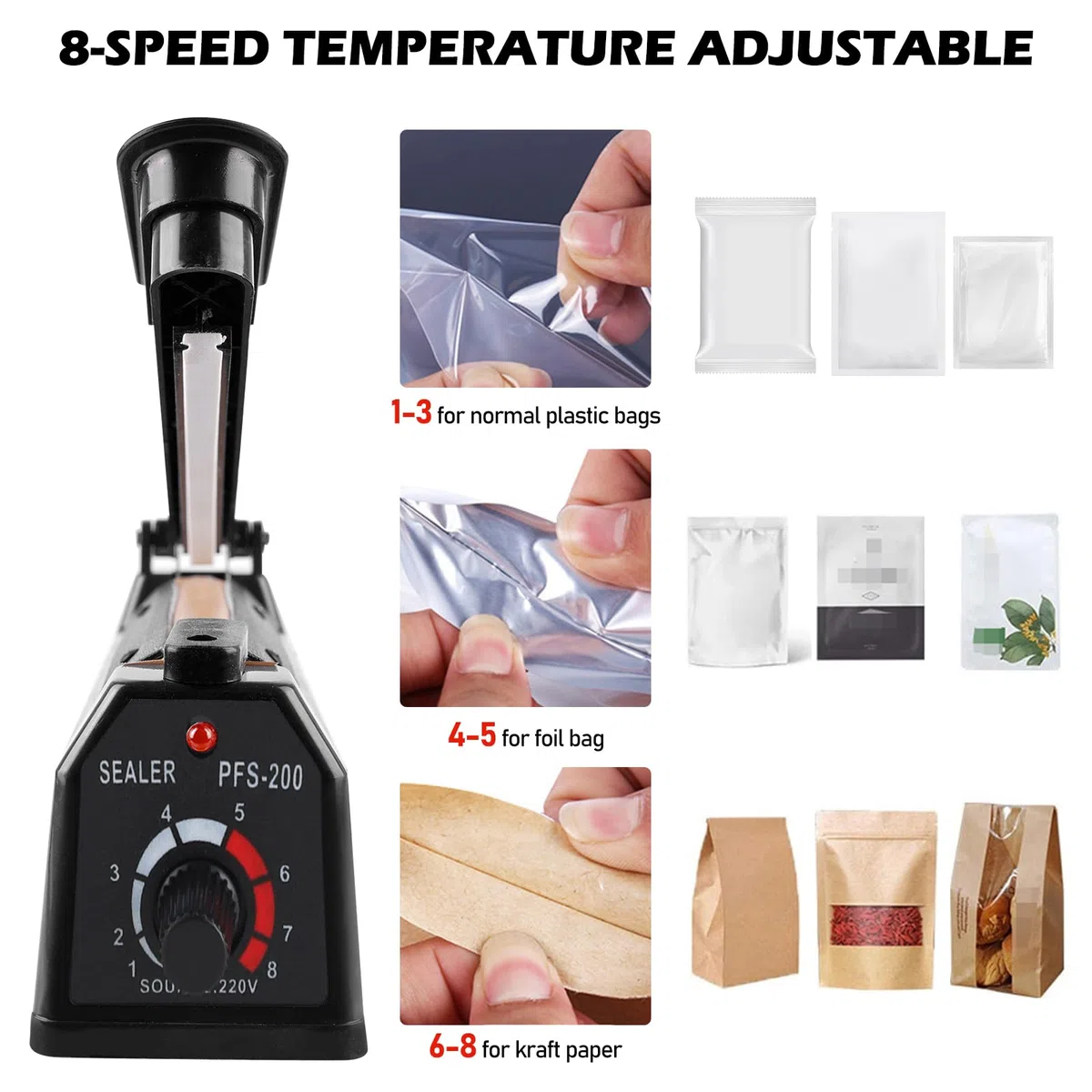 Sigillatrice a caldo, 200 mm, saldatrice a pellicola, sigillatrice per controllo della temperatura, sigillatrice a caldo, 3 mm di larghezza della guarnizione, saldatrice a travi, impulse Heat Bag