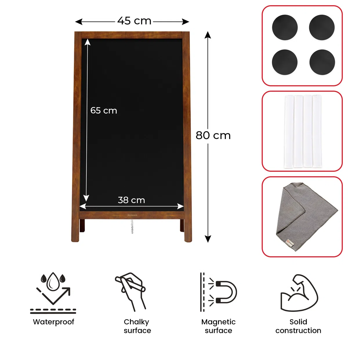 ALLboards Lavagna per gesso a cavalletto bifacciale 80x45 cm resistente all’acqua MARRONE CLASSICO