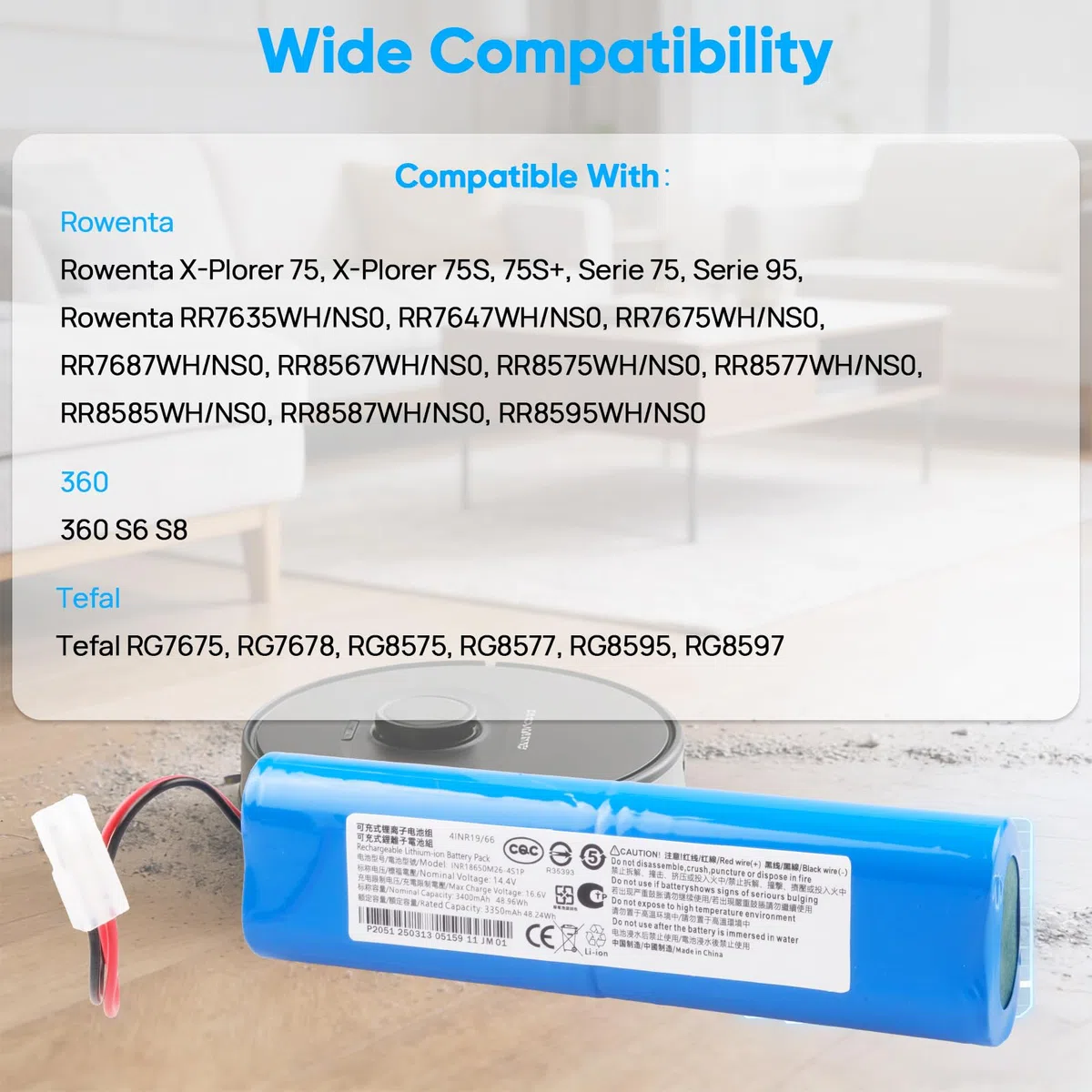 3400mAh 14,4V Batteria Compatibile con S360 S6 S8; Rowenta X-plorer Serie 75, 75S+, 95 X-Plorer, 75S, RR7687, RR7635, RR7675, RR8567, RR8597 Aspirapolvere PN: SS-2230002528 SS-2230002529