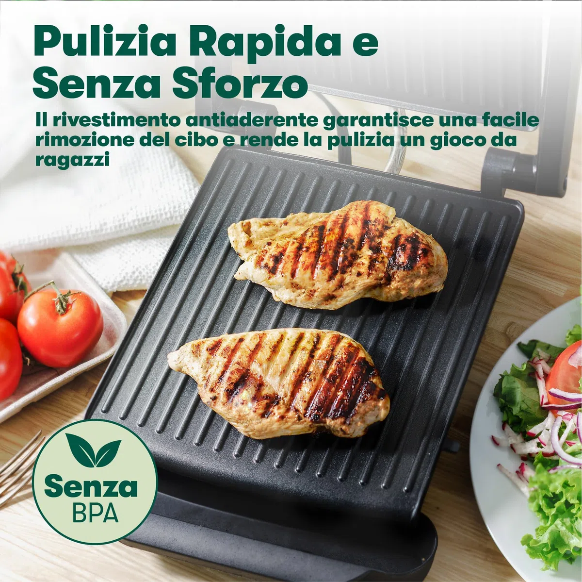 bella Pressa per Panini, Tostapane e Griglia Elettrica da Interno con Piastre Doppie Antiaderenti, Coperchio Regolabile in Altezza e Vassoio di Raccoglimento Rimovibile, Acciaio Inossidabile