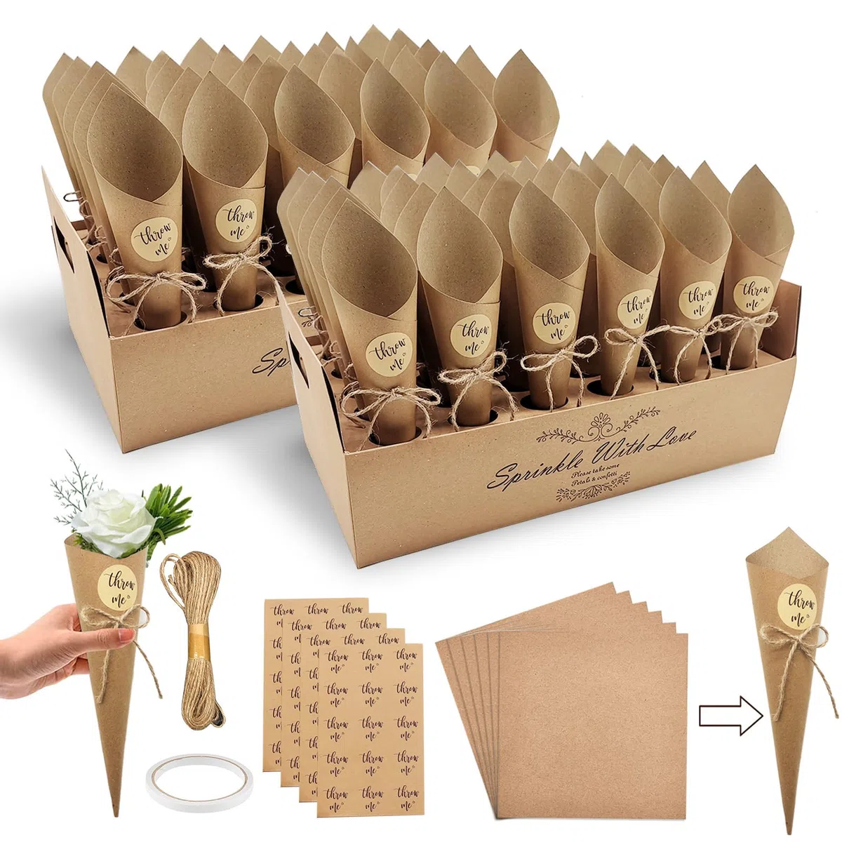 60 pezzi coni per confetti con porta confetti, porta confetti per nozze, coni per confetti per feste, petali, bouquet, porta caramelle per matrimonio, compleanno, festa