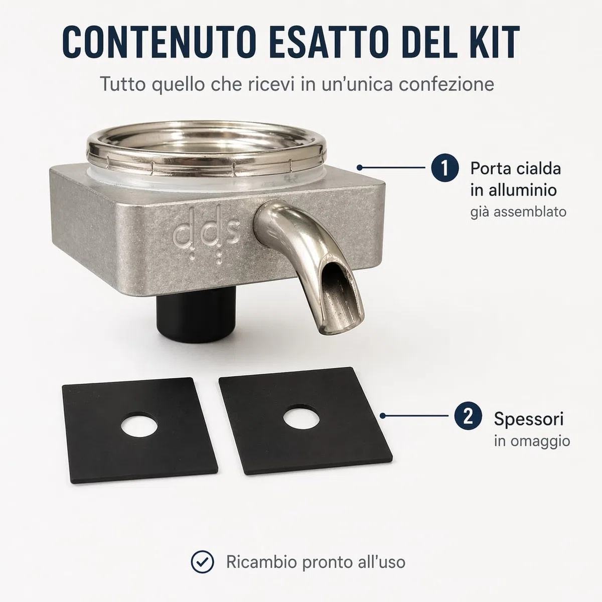 Portacialda Originale in ALLUMINIO per Didiesse Frog per Macchine da Caffè. Completo e già assemblato (Porta cialda in alluminio + Filtro Acciaio + Beccuccio Cromato + Dado in plastica + 2 Spessori)