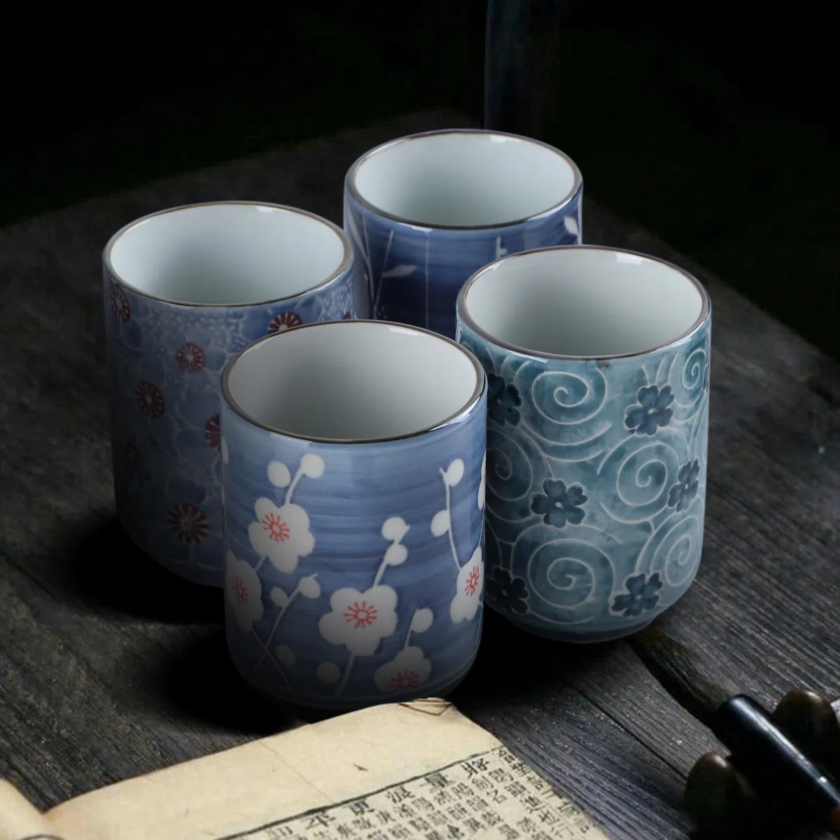 Tazze da tè giapponesi in ceramica, 11 Oz, 320 ml, set da 4 tazze da tè cinesi senza manico, tazze da tè asiatiche senza manico, tazze cinesi per caffè sake, tè e fiori, bel design