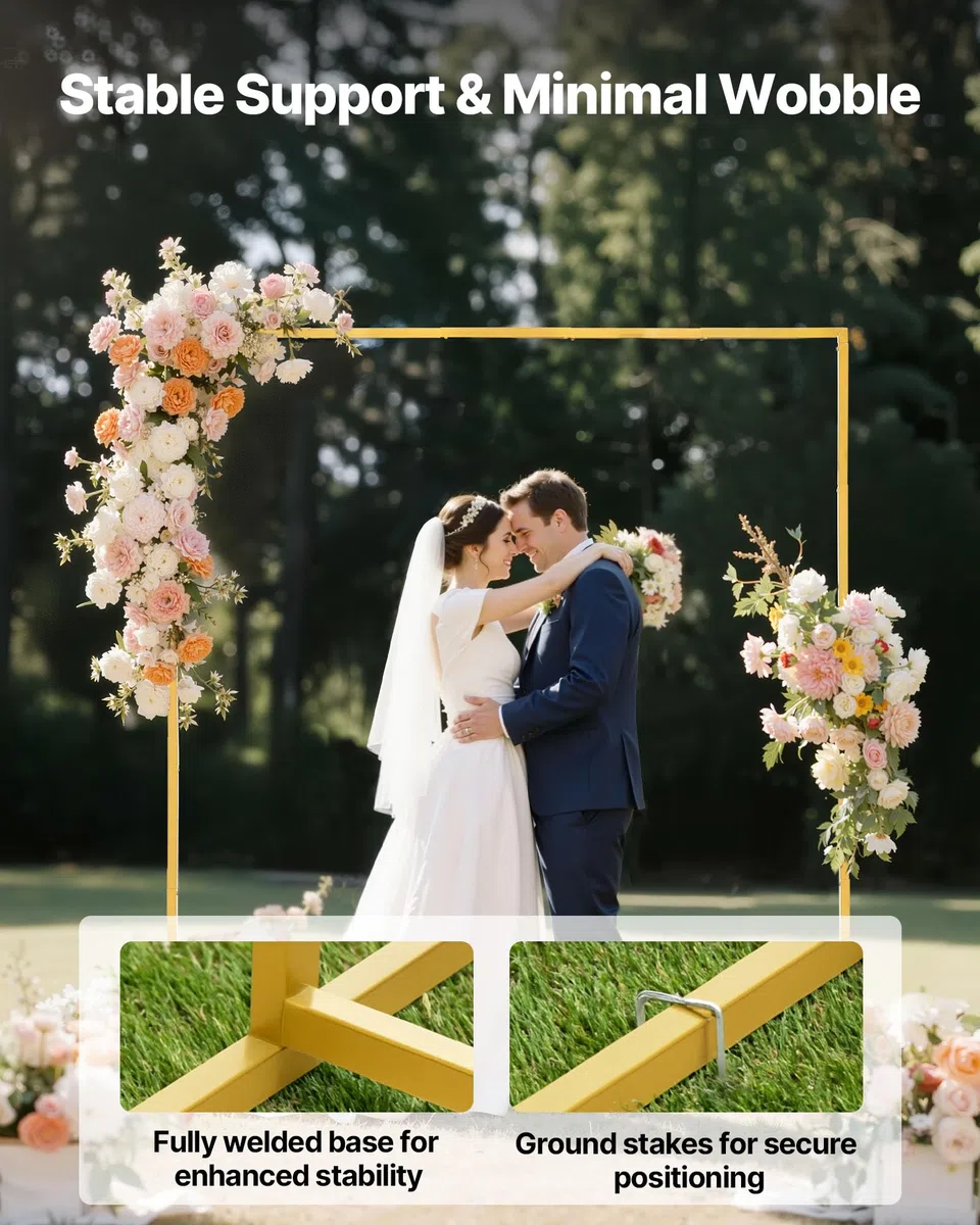 VEVOR Supporto per Fondale ad Arco 2 x 2 m, Struttura Stabile, Facile da Montare, Set di Fondali ad Arco per Feste Quadrato in Metallo Dorato per Compleanno, Lauree, Decorazioni per Cerimonie