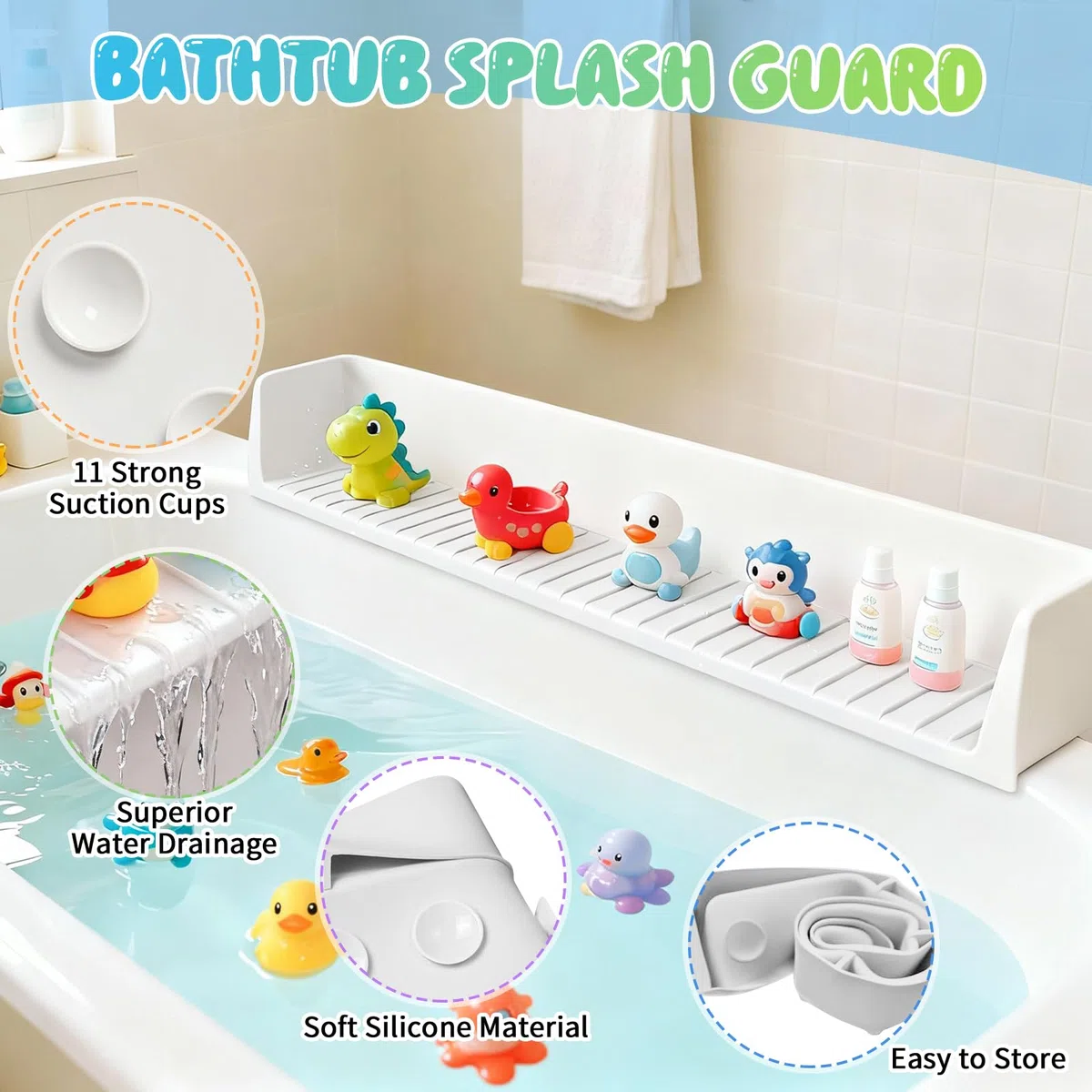 Dreamtop Paraspruzzi per vasca da bagno, mensola da gioco per vasca da bagno, vassoio per giocattoli per vasca, paraspruzzi in silicone previene fuoriuscite d'acqua in bagno (bianco)