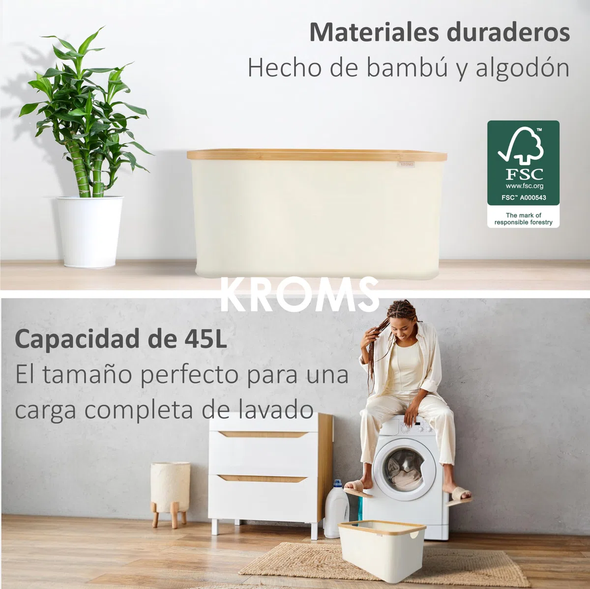 Cesto biancheria sporca pieghevole in bambù 45L – Beige - Leggero, stabile e salvaspazio – Cesta portabiancheria in bambù e cotone, traspirante e dal design moderno - Cestino bagno