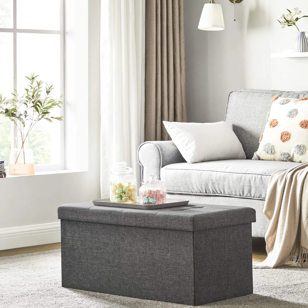 SONGMICS MAZIE Collezione - Cassapanca, Pouf Contenitore da 76 cm, Poggiapiedi Pieghevole, Panca Fondo Letto, Montaggio Facile, per Soggiorno, Camera da Letto, Entrata, Grigio Scuro LSF47K