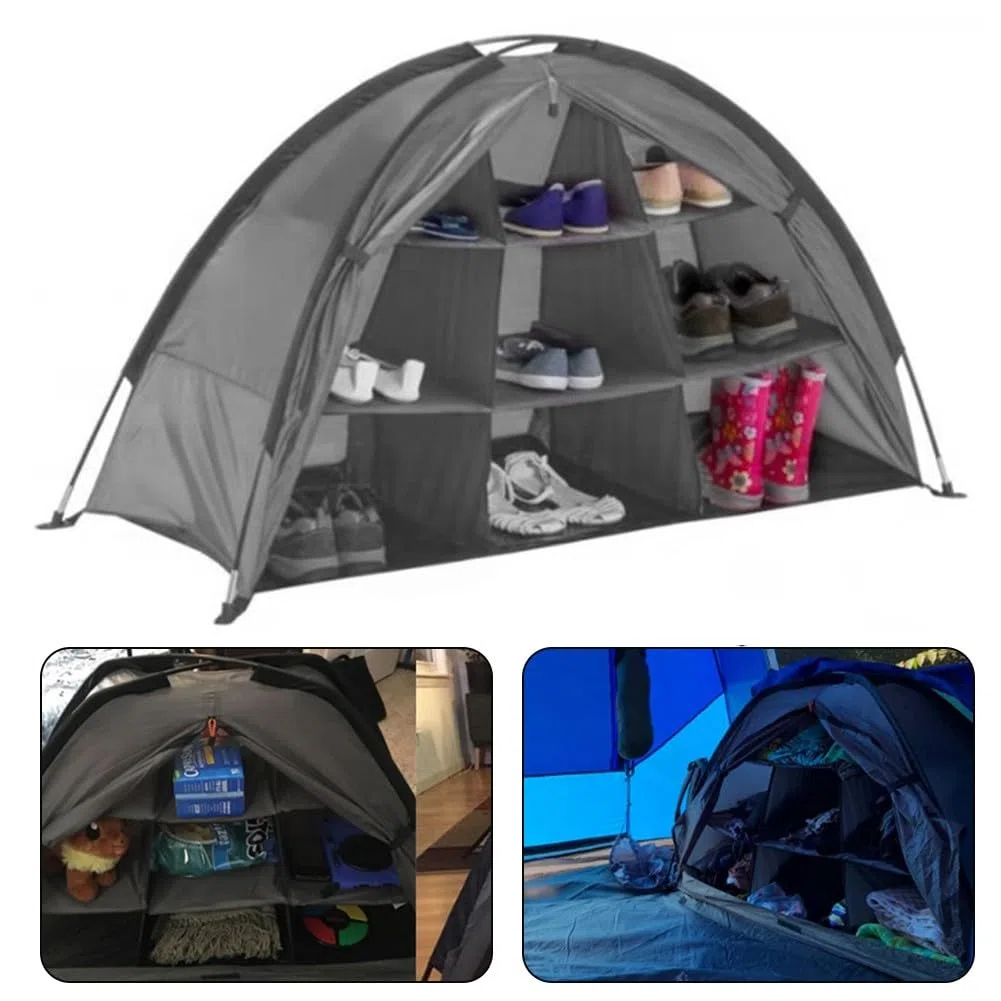 Organizer da campeggio pieghevole a 9 ripiani per camper, tessuto Oxford con asta in fibra di vetro, portata 13,6 kg, scaffale portatile per vestiti e scarpe, grigio
