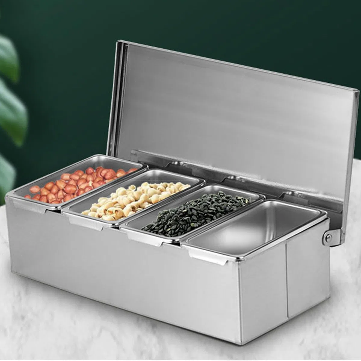 Scatola per condimenti in acciaio inossidabile, vassoi a 4 scomparti Contenitore per condimenti refrigerati Custodia di grande capacità Parte da snack Farina Prodotti secchi Frutta