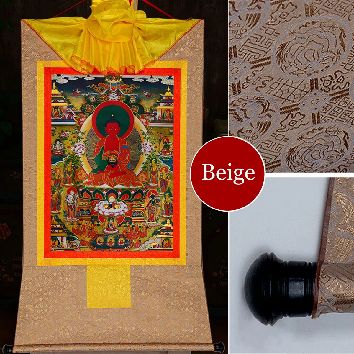 Gandhanra Thangka Tibetano - Amitabha Terra Pura Thangka - Elysium del Buddhismo - Arazzo di Buddha a Stampa Dorata per Decorazione Zen, Meditazione, Rilassamento Spirituale e Pace