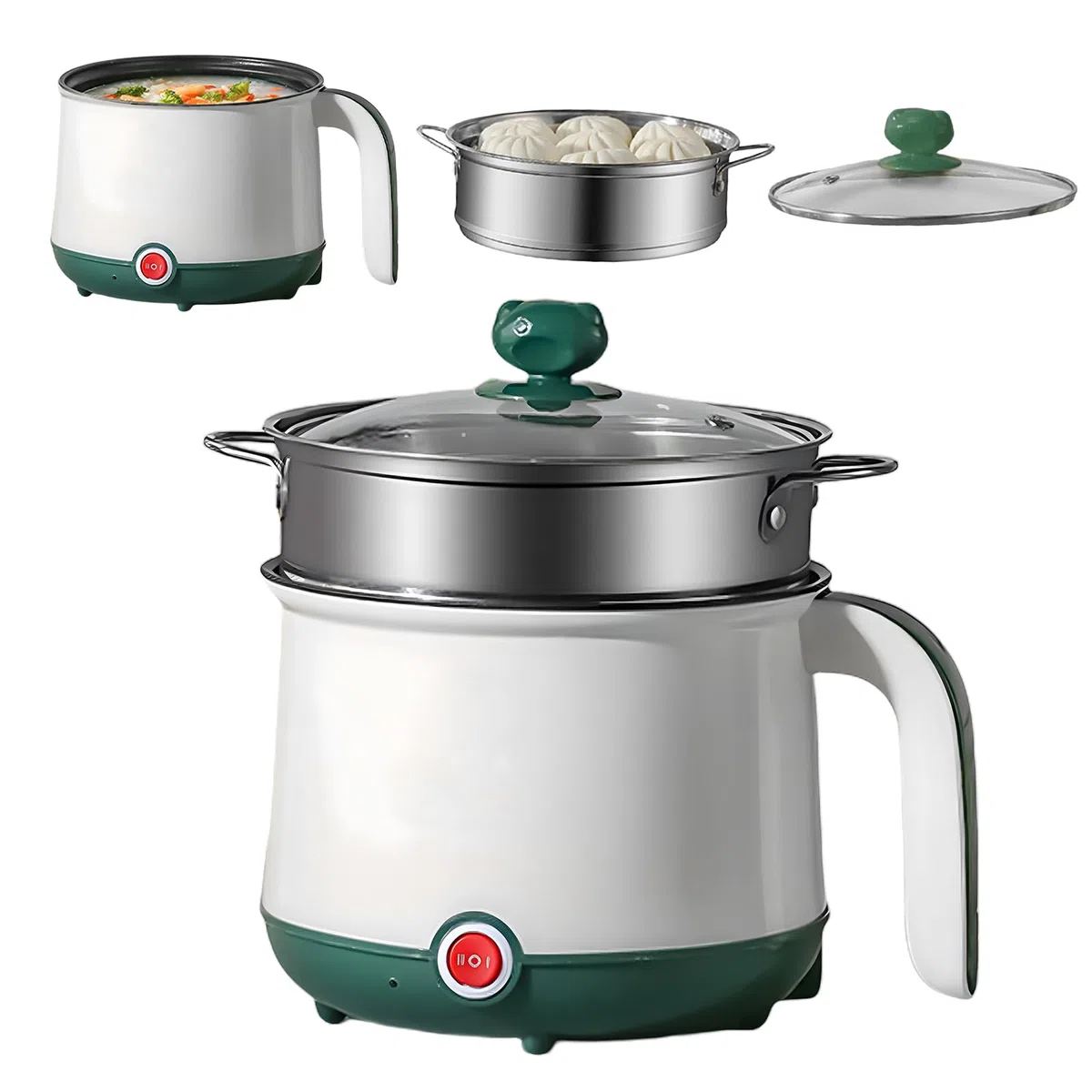 Mini fornello antiaderente, 1,8 l, pentola elettrica, pentola portatile, mini fornello portatile per bistecca, pasta, uova, avena, ramen, con vapore, verde (bianco + verde)