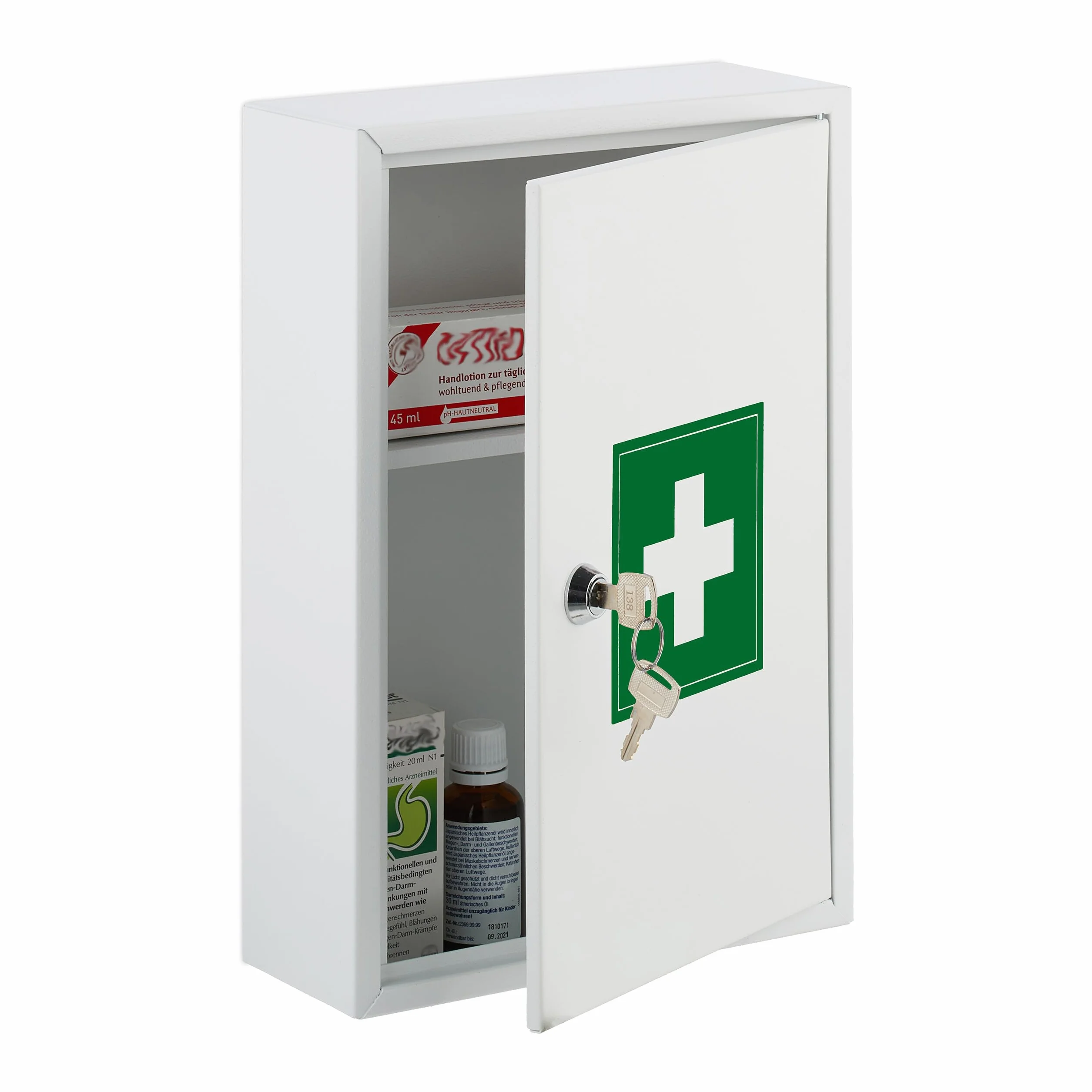 Relaxdays Armadietto Pronto Soccorso per Medicinali, Cassetta con Chiusura di Sicurezza, 32x21,5x9,5 cm, Bianco Verde