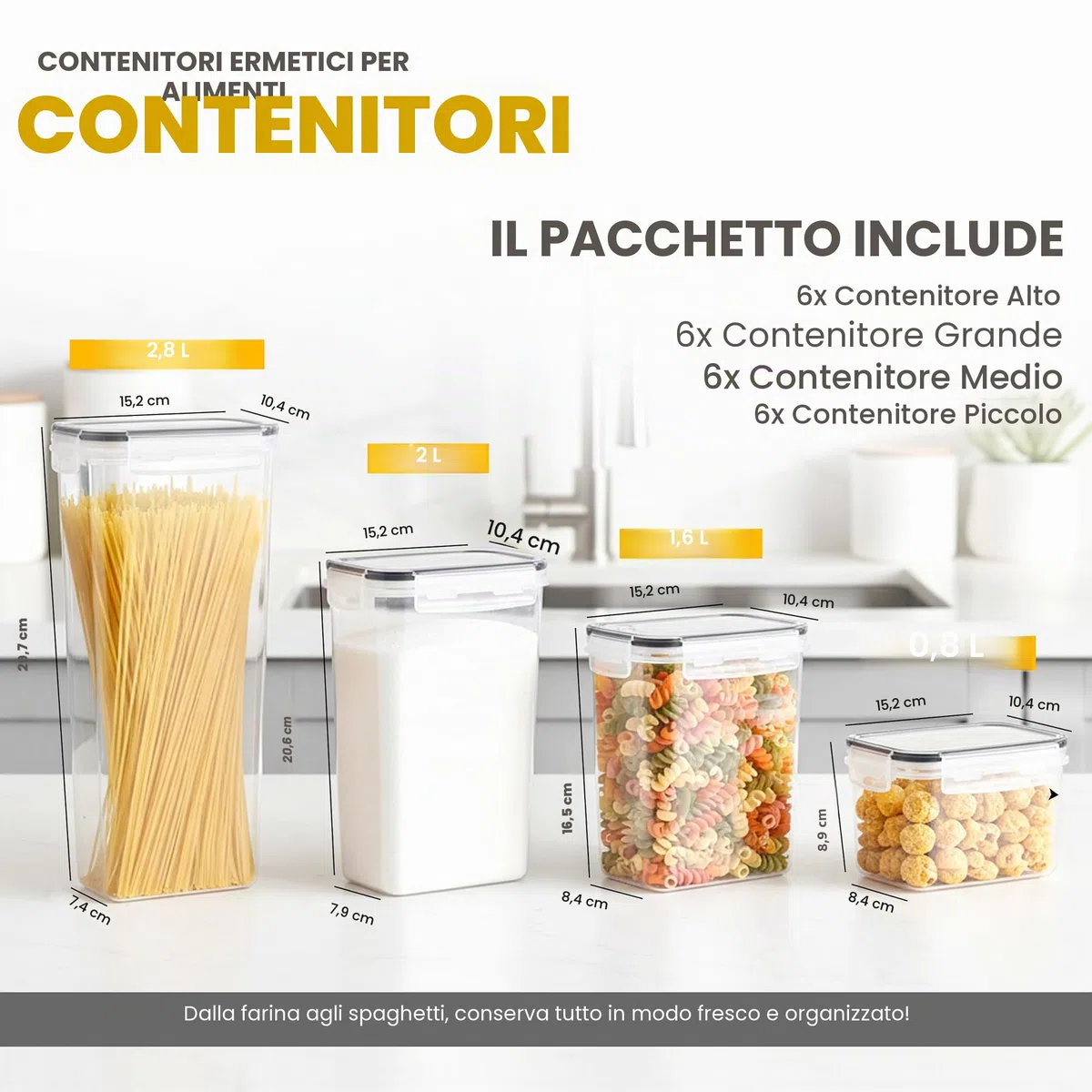 KICHLY, contenitori ermetici per alimenti con coperchi (confezione da 24) - Organizzatori e contenitori per dispensa - Contenitori per dispensa o cucina senza BPA - Ideali per cereali, farina