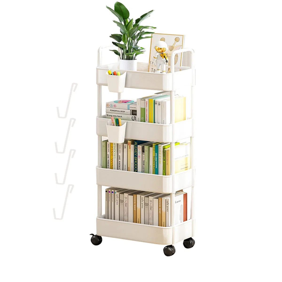 Scaffale per Libri con Ruote, Organizer per Carrello a 3/4 Livelli, per Biblioteca, casa, Lavanderia