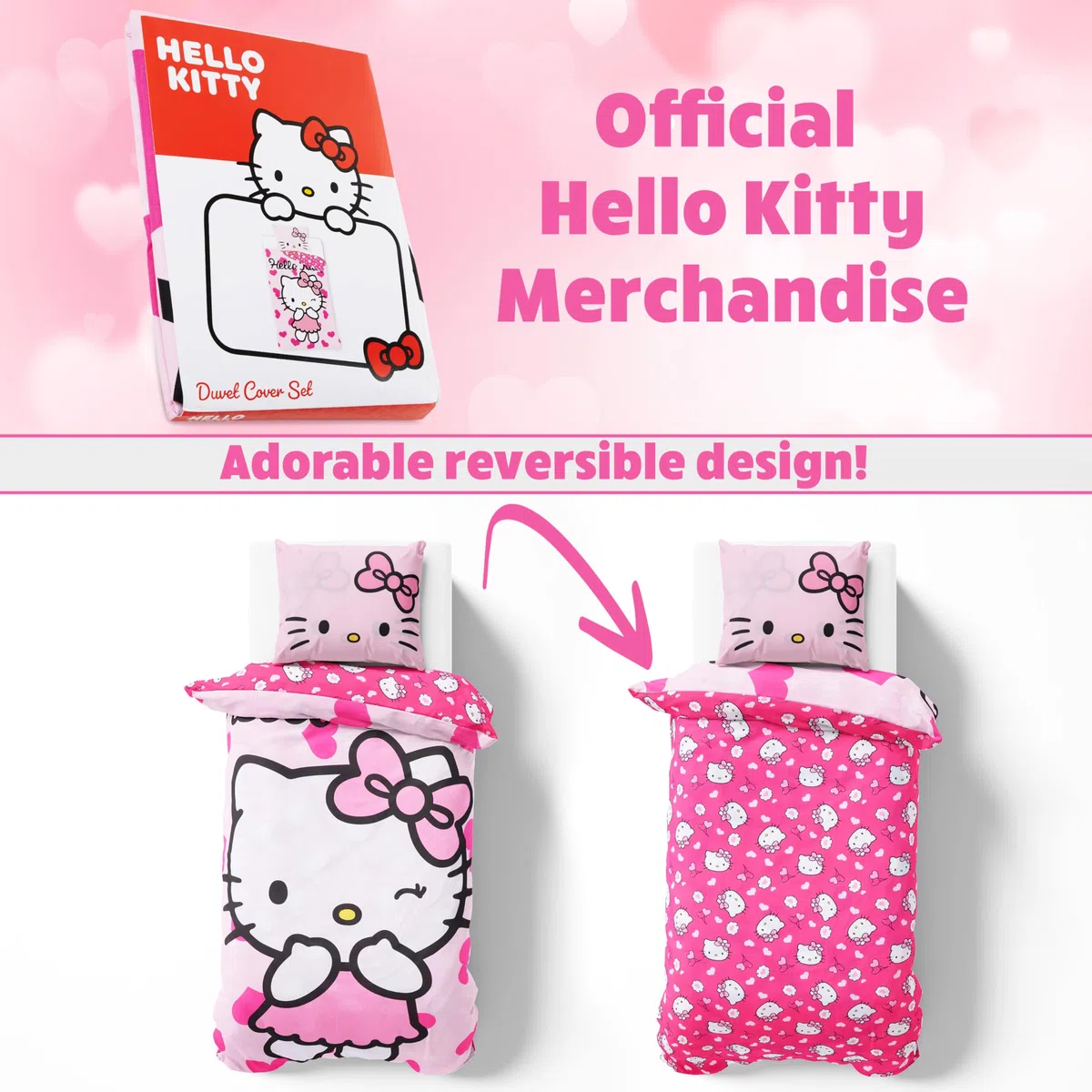 Hello Kitty Sanrio Copripiumino Singolo Reversibile Bambina Ragazza 135x200, Accessori Camera da Letto Kuromi Cinnamoroll, Regalo per Lei (Rosa Hello Kitty, Singolo)