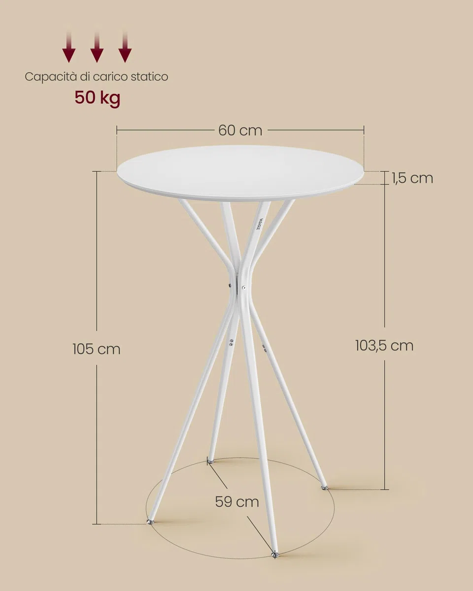 VASAGLE Tavolino da Bar, Tavolino da Cucina, Tavolo Alto Rotondo, Struttura in Metallo, 60 x 60 x 105 cm, per Soggiorno, Moderno, Montaggio Facile, Bianco Nuvola e Bianco Opaco LBT024W01