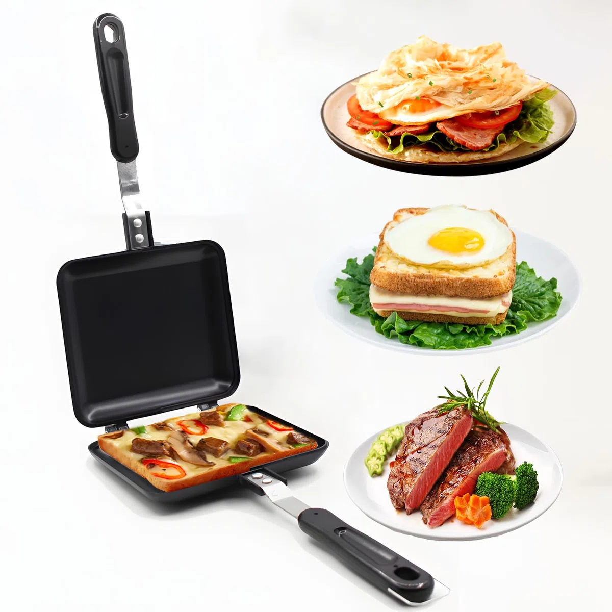 Padella a Doppia Faccia,Tostapane Sandwich Make,Privo di BPA,con Manico Resistente al Calore e Rivestimento Antiaderente,Alluminiofacile da Capovolgere,oer Spuntino e Colazione-19*15*14cm