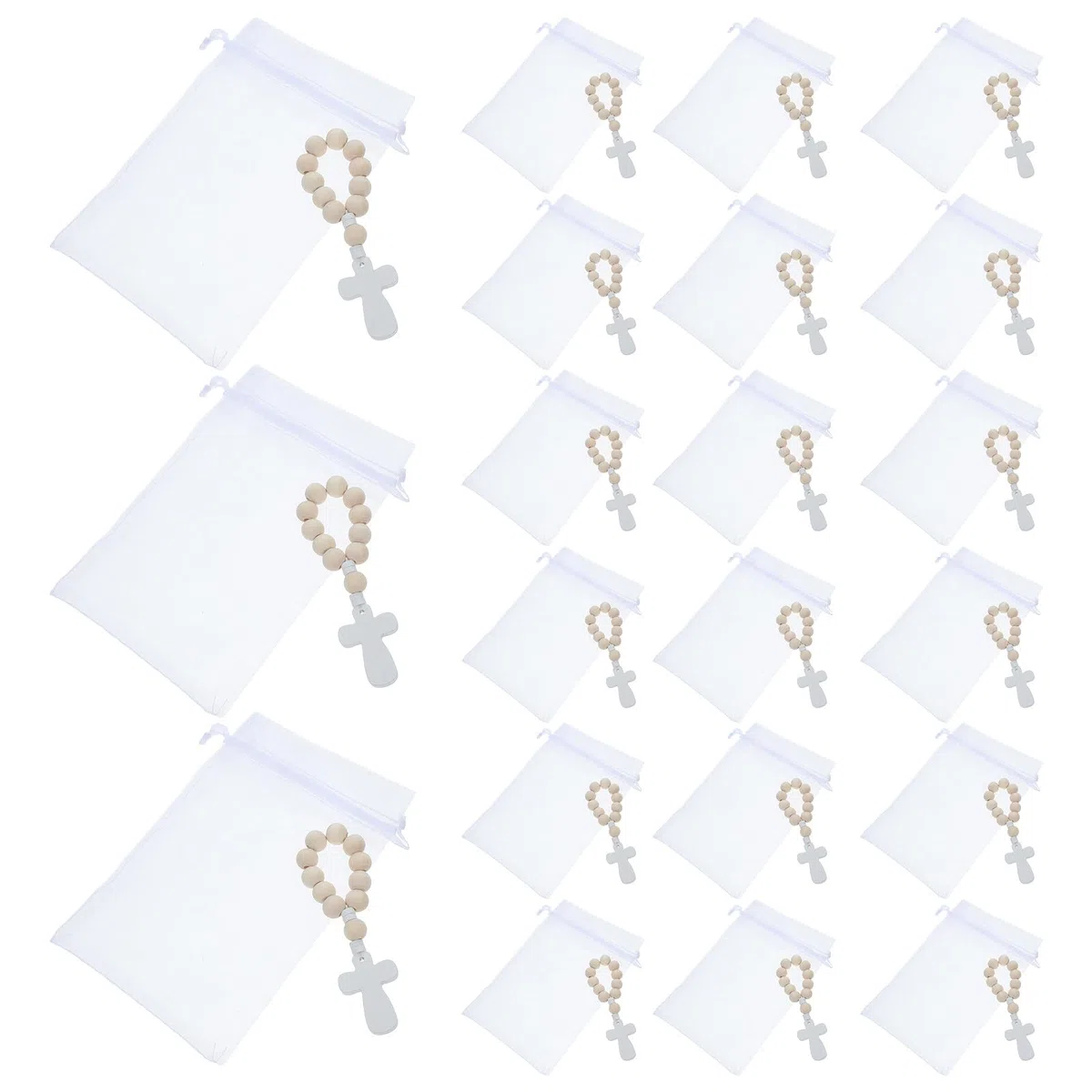 VICASKY Piccolo Braccialetto con Croce in Legno 40 Set con Sacchetti in Rete per Battesimo, Celebrazioni e Feste con Perline Lisce e Decorazione