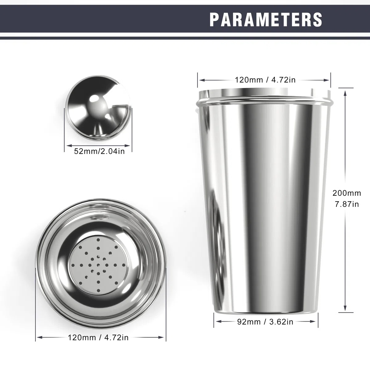 Grande shaker per cocktail da 1,8 l, in acciaio inox, color argento, per cocktail da barista, miscelatore per bevande da 1,8 l, colino integrato