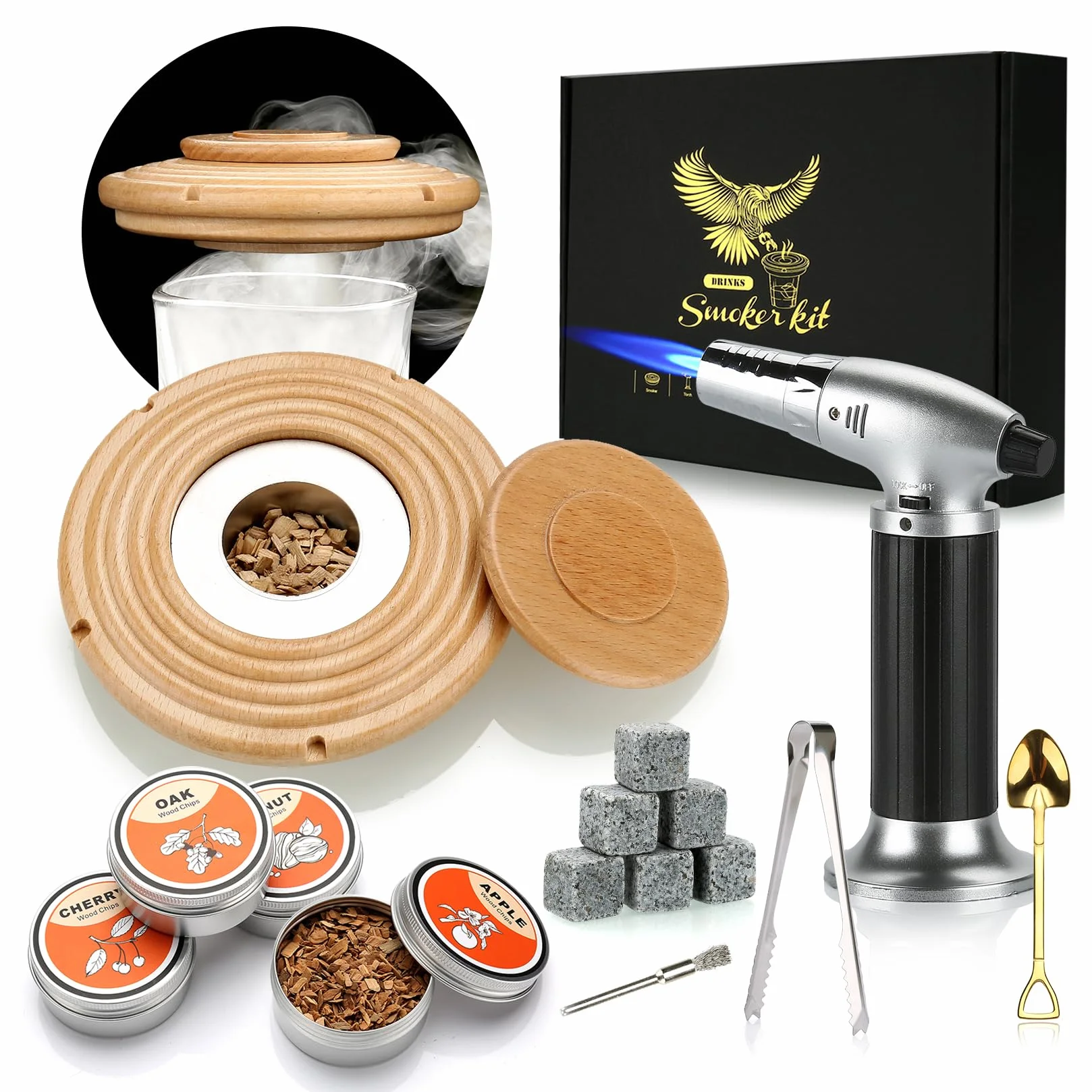 Kit per affumicatore per cocktail con torcia, set per fumatori con 4 trucioli di legno, regalo per la festa del papà, kit per bevande per fumatori whisky, accessori per bevande, bourbon - Walnut
