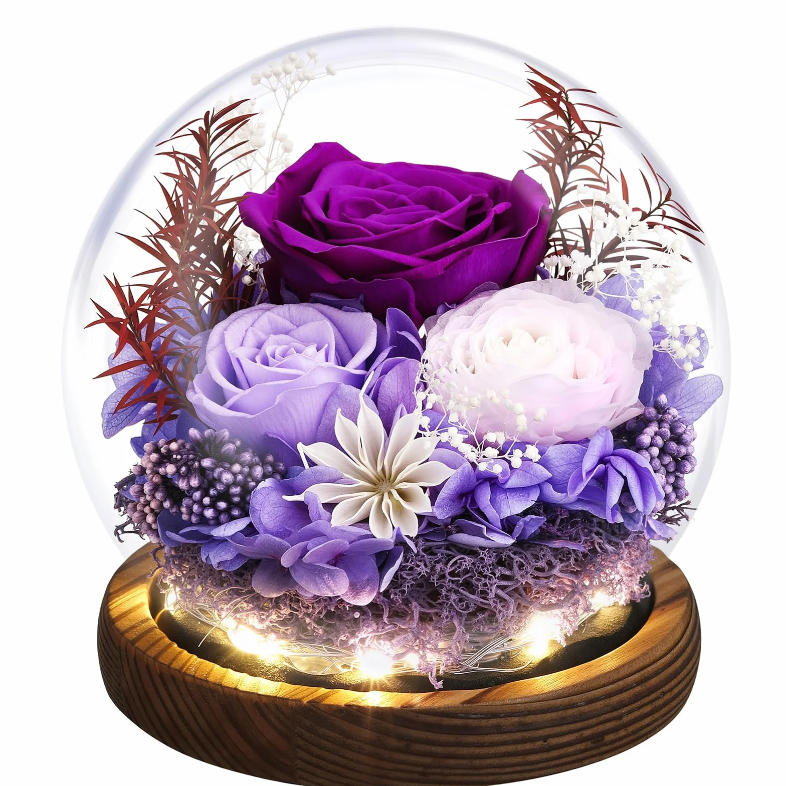 Emibele Regalo Rosa Eterna per la Festa della Mamma, Rosa Reale Conservata in Cupola di Vetro con LED, Fiori per Consegna, Regalo per Donna, Moglie, Compleanno, Anniversario, Viola