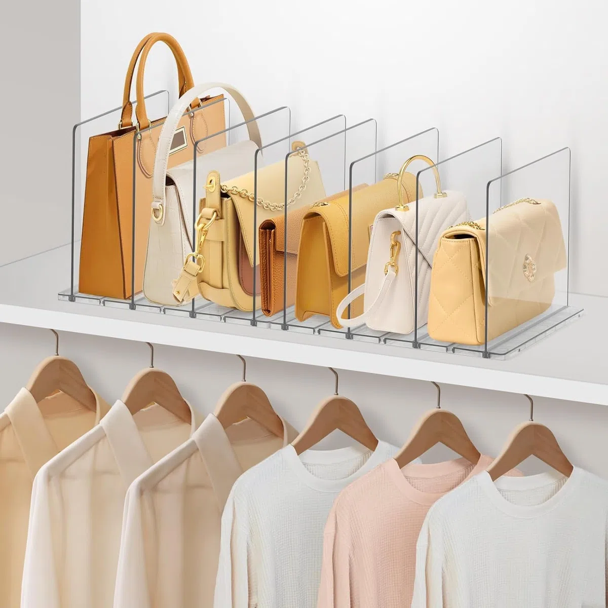 DoubleCare 8 Pezzi Organizer per Borse, Mensole Guardaroba，Divisorio per Ripiani in Acrilico TrasparenteSeparatori per Armadi Regolabili con Base, Perfetto per Borse, Cucine, Librerie, Armadi