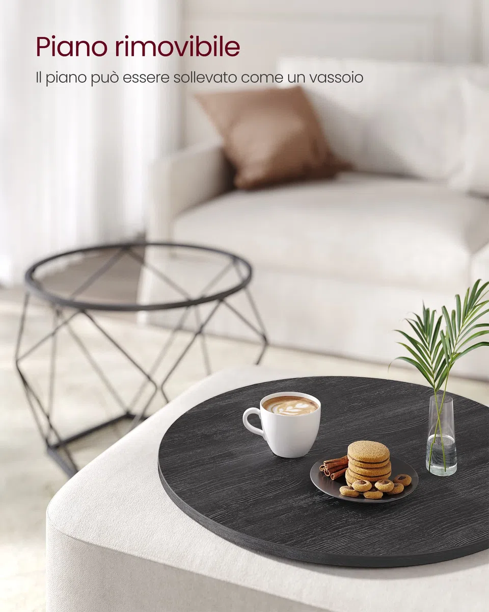 VASAGLE Tavolino da CaffèRotondo, Set di 2 Tavolini ad Incastro, Stile Moderno, Piano Rimovibile, Struttura in Acciaio, Adatto per Soggiorno, Nero LET040B22
